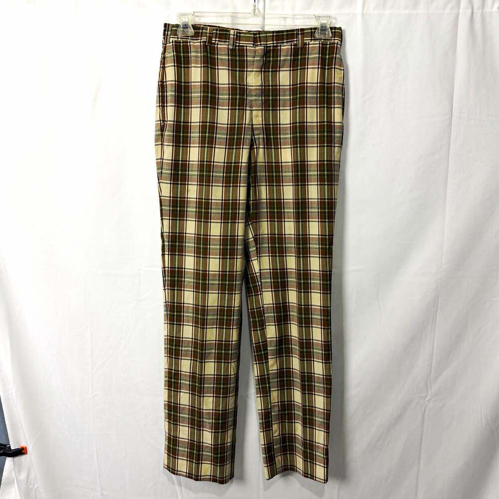 Roger Kent Men's Plaid Casual Pants 35 Brown Beige Green Straight Flat Front